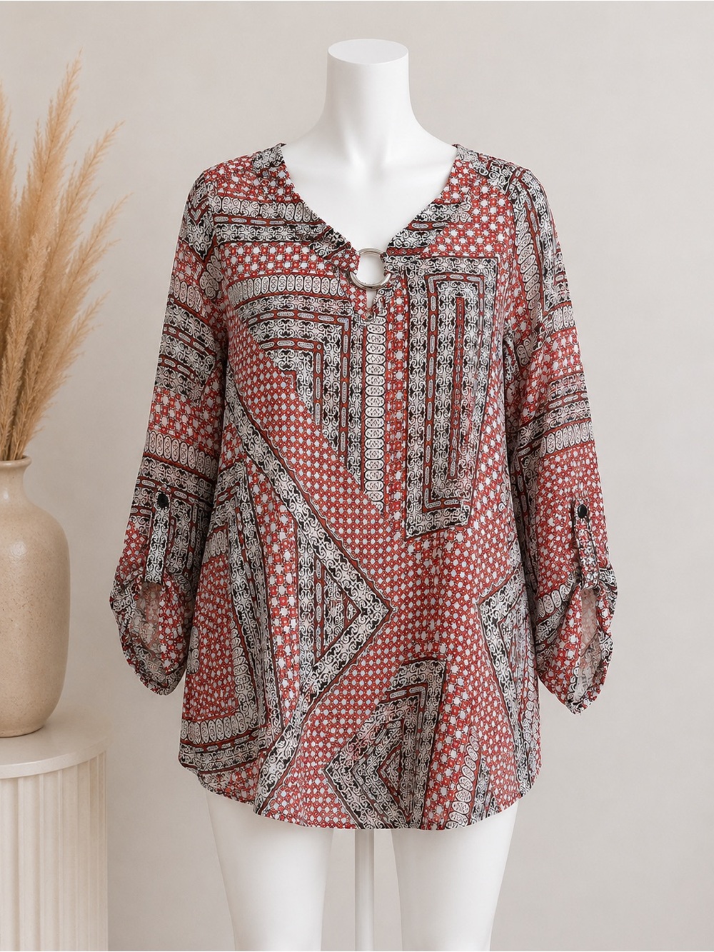 Alyx Rust Patterned V-Neck Tunic with Ring Detail